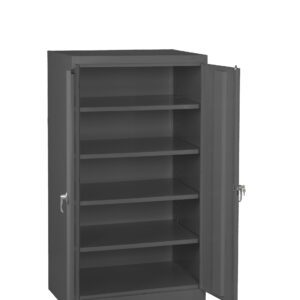 A tall, gray metal storage cabinet with open double doors. It has five evenly spaced shelves inside and two silver handles on the doors.