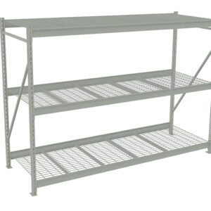 A gray, three-tiered metal shelving unit with mesh shelves and diagonal support bars. The unit is empty and stands against a plain white background.