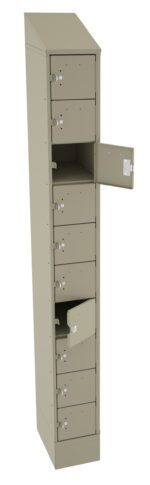 A tall, beige metal locker with multiple compartments. Some of the small doors are open, revealing empty storage spaces inside. The locker has a slanted top and a simple design.