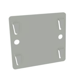 A square metal bracket with rounded corners and a matte finish. It features two round holes in the center and four triangular indents on each corner, possibly for mounting or securing purposes. The bracket is displayed against a white background.
