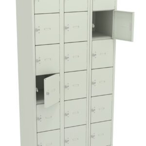 A row of three beige locker units, each with three columns and multiple small, square-shaped compartments. Some locker doors are open, revealing empty interior spaces.