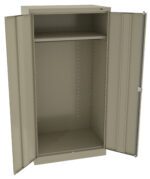 An open, beige metal cabinet with two doors, revealing an empty interior. The cabinet features one adjustable shelf at the top and a hanging rod underneath. The hinges and handle are visible on the front.