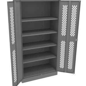 A gray metal cabinet with five shelves and perforated diamond-patterned doors is open, showing the empty interior.