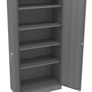 A gray metal storage cabinet with two open doors revealing five adjustable shelves. The cabinet is empty and has a simple, industrial design suitable for office or warehouse use.