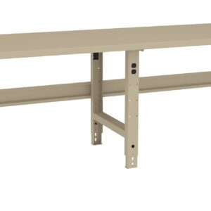 A long, beige workbench with adjustable legs and a flat surface. The design is simple and industrial, with visible holes in the legs for customization of height. Suitable for a workshop or garage setting.