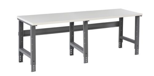 A long, rectangular table with a white tabletop and sturdy gray metal legs. The design features adjustable legs and a support bar underneath for added stability.