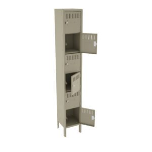 A tall, beige metal locker with four compartments, three of which have open doors showing vents and lock mechanisms. The locker stands on four legs and is against a white background.