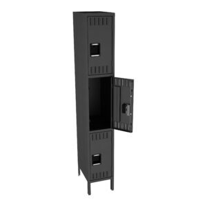 A tall, black metal locker with four compartments, two closed and two open. The open compartments reveal empty spaces inside. The locker stands on four short legs.