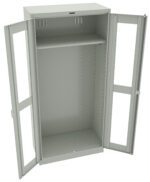 An open gray metal cabinet with two transparent glass doors. The interior has a single shelf near the top and perforated side panels for ventilation. The cabinet is empty, and the floor and ceiling are smooth.