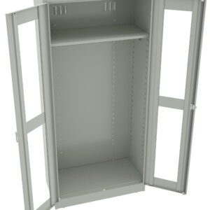 An open gray metal cabinet with two transparent glass doors. The interior has a single shelf near the top and perforated side panels for ventilation. The cabinet is empty, and the floor and ceiling are smooth.