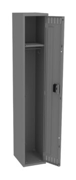 A tall, open, gray metal locker with one upper shelf, a hanging bar, and a vented door. The lock mechanism is visible on the right side of the door.