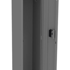 A tall, open, gray metal locker with one upper shelf, a hanging bar, and a vented door. The lock mechanism is visible on the right side of the door.