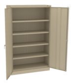 An empty beige metal cabinet with two open doors, revealing five evenly spaced shelves inside.