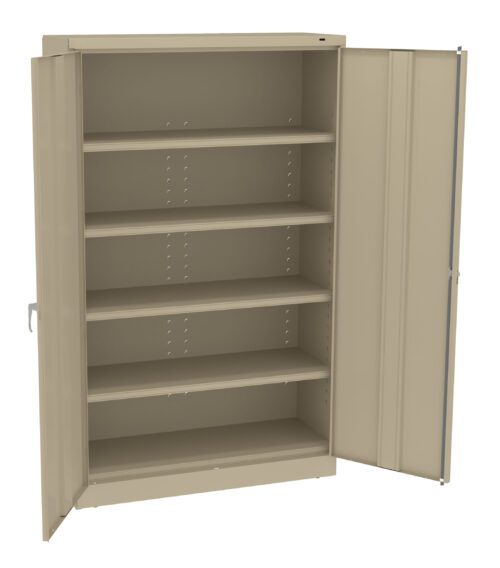 An empty beige metal cabinet with two open doors, revealing five evenly spaced shelves inside.