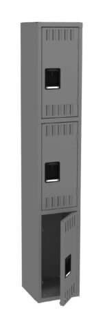 A tall gray steel locker with three compartments, each with a vented door. The top two doors are closed, while the bottom door is slightly open, revealing an empty interior. All doors have rectangular handles.