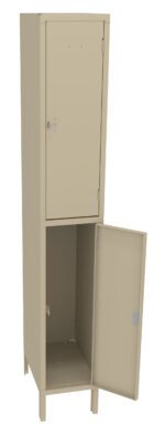 A tall, light beige metal locker with two compartments and ventilation holes. The top compartment is closed, and the lower compartment is open, revealing an empty interior. The locker has a simple, minimalist design.