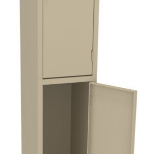 A tall, light beige metal locker with two compartments and ventilation holes. The top compartment is closed, and the lower compartment is open, revealing an empty interior. The locker has a simple, minimalist design.