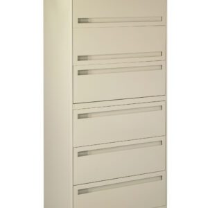A tall, beige, metal filing cabinet with five drawers, each featuring a horizontal handle. The top drawer has a lock with a key inserted. The cabinet is standing on a white background.