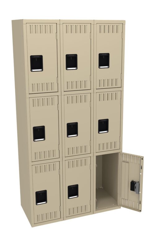ygblloprgqsxsiogravl.jpg A beige locker unit with three columns and three rows, totaling nine lockers. Eight of the lockers are closed, and one in the lower right corner is open, revealing an empty interior. Each locker has a black handle.