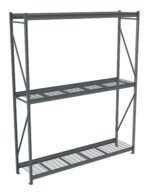 A large, empty, industrial metal shelving unit with two wire grid shelves and a solid metal top. The shelves are supported by a gray metal frame with diagonal support beams. The unit is designed for heavy-duty storage purposes.