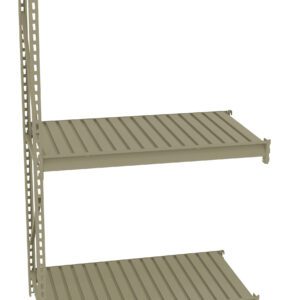A beige metal shelving unit with three adjustable shelves. The structure is simple with a vertical support column on one side. The shelves are slatted, providing storage space for various items.