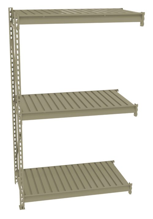 yjph4rhkg6afh6c1jgq1.jpg A beige metal shelving unit with three adjustable shelves. The structure is simple with a vertical support column on one side. The shelves are slatted, providing storage space for various items.
