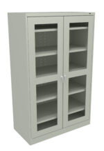 A gray metal storage cabinet with glass pane double doors revealing multiple shelves inside. The cabinet has two handles and is slightly angled to show its depth and design.