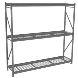 A gray, metal storage rack with three shelves is shown. The shelves have a grated design, supported by four vertical beams with cross-bracing for stability. The rack is empty and set against a white background.