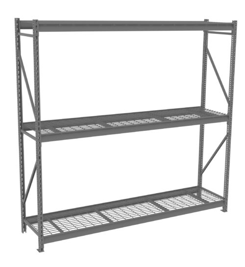 ykkk0e0uqurwxmyygsph.jpg A gray, metal storage rack with three shelves is shown. The shelves have a grated design, supported by four vertical beams with cross-bracing for stability. The rack is empty and set against a white background.