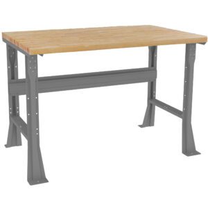 A sturdy workbench with a light wooden top and gray metal legs. It features a horizontal support bar connecting the legs. The design is minimalistic and suitable for industrial or workshop settings.