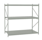 A metal storage rack with three shelves is shown. The structure is made of steel beams and slats, with vertical supports and cross braces for stability. The shelves are evenly spaced, suitable for industrial or garage settings.