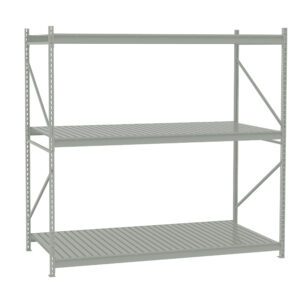 A metal storage rack with three shelves is shown. The structure is made of steel beams and slats, with vertical supports and cross braces for stability. The shelves are evenly spaced, suitable for industrial or garage settings.