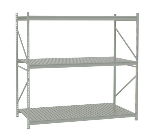 A metal storage rack with three shelves is shown. The structure is made of steel beams and slats, with vertical supports and cross braces for stability. The shelves are evenly spaced, suitable for industrial or garage settings.