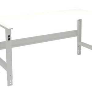 A minimalist workbench with a white tabletop and a light gray metal frame. It features a simple rectangular design and adjustable leg brackets for height customization.