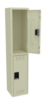 A tall, beige metal locker with two compartments. The top compartment door is open, revealing a spacious interior. The bottom compartment door remains closed. The locker features ventilation slots and a handle on each door.