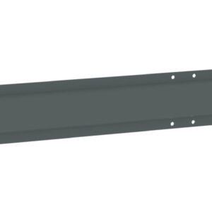 A long, narrow, rectangular metal bracket with evenly spaced holes for mounting is shown. The bracket is dark gray and appears to be used for support or reinforcement in construction or shelving systems.