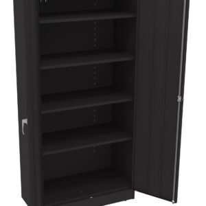 A black metal storage cabinet with two doors, one open and one partially closed, revealing five adjustable shelves inside. The cabinet is empty, and its sleek design is suitable for office or industrial use.