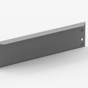 A gray, rectangular metal bracket with four holes, two on each end, is displayed against a plain white background.
