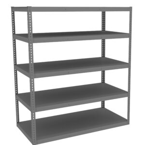 A five-tier, gray metal shelving unit with adjustable racks, suitable for storage or organizational purposes. The shelves are evenly spaced, and the design is simple and industrial.