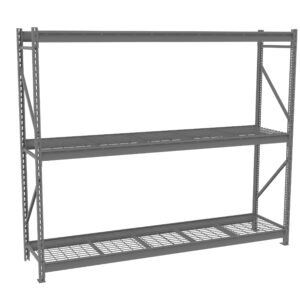 Metal storage rack with three ventilated shelves and sturdy frame, designed for organizing items in garages or warehouses. The shelves are evenly spaced, and the rack has a minimalist, industrial appearance.