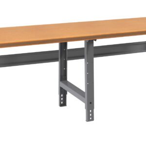 A long wooden workbench with a light brown top and sturdy gray metal legs, featuring a simple and clean design. It is suitable for workshops or garages.