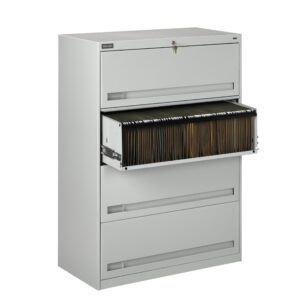 A white metal file cabinet with five drawers, one of which is open to reveal organized hanging file folders. The top drawer is locked, and the cabinets clean design suggests its suitable for office or home use.