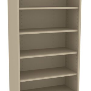 A beige metal bookshelf on wheels, featuring five adjustable shelves. The design is simple and functional, suitable for storing books or office supplies.