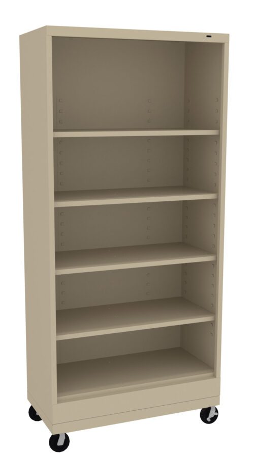 yrwcptjald07ogfmbqjw.jpg A beige metal bookshelf on wheels, featuring five adjustable shelves. The design is simple and functional, suitable for storing books or office supplies.