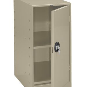 A beige metal storage cabinet with an open door is shown, revealing two shelves inside. The cabinet has a lock on the door with a key inserted.