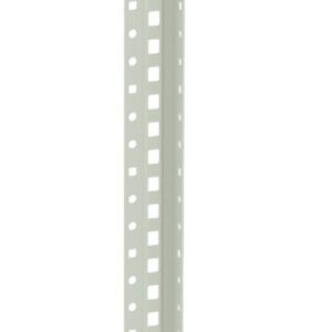 A long, vertical metal strip with evenly spaced rectangular cutouts along its length, set against a plain white background.