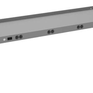 A long, rectangular metallic gray wall-mounted workstation with multiple circular outlets and switch cutouts on the front side, designed for utility connections. The unit is minimalistic and sleek in design.