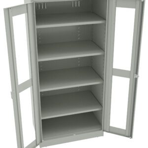 A light gray metal cabinet with double glass-paneled doors is open, revealing five empty shelves inside. The cabinet stands on a flat surface, and the doors have locks on the handles.