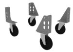 Four caster wheels with black rubber tires and metallic mounting brackets, positioned in various angles, against a white background.