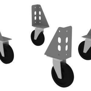 Four caster wheels with black rubber tires and metallic mounting brackets, positioned in various angles, against a white background.